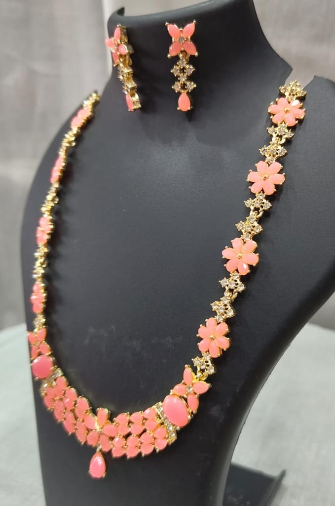 "Stunning Pink Floral Kundan Necklace Set with Earrings for Women"