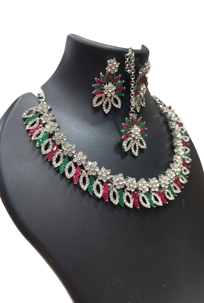 Buy Kundan Meena Work Green & Pink Stone Necklace Set With Earrings For Women Online