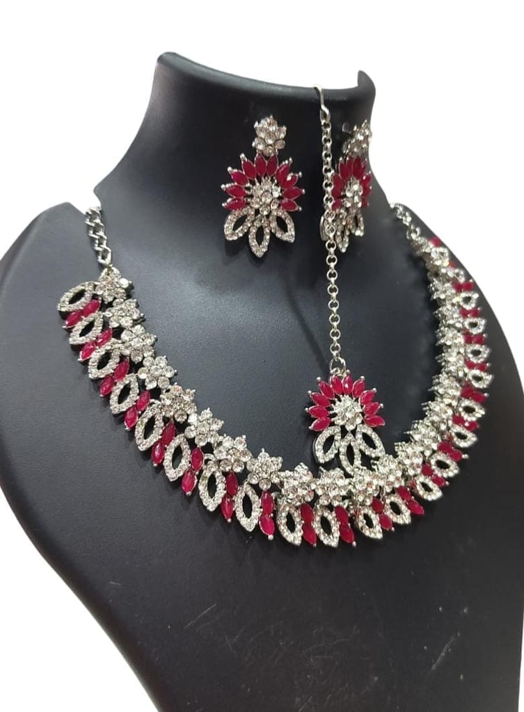 Buy Kundan Meena Work Green & Pink Stone Necklace Set With Earrings For Women Online