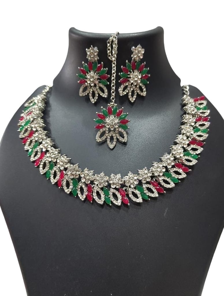 Buy Kundan Meena Work Green & Pink Stone Necklace Set With Earrings For Women Online