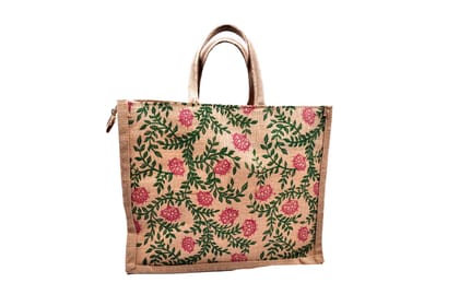Jute Tote Bag with Floral Print