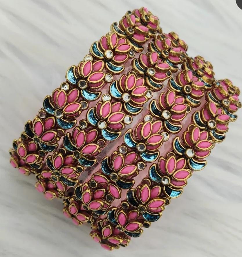 Pink and Blue Bangle Set with Rhinestones