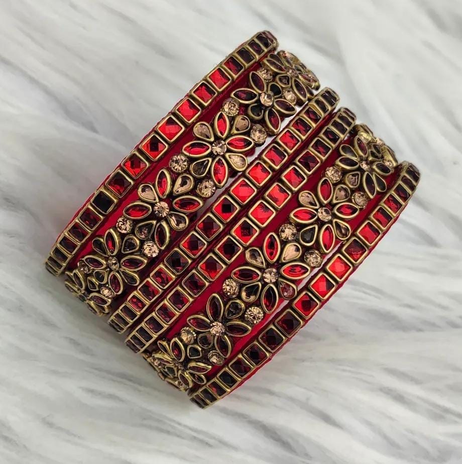 Red and Gold Kundan Bangles Set of 6 - Indian Wedding Bangle Set - Bridal Chura