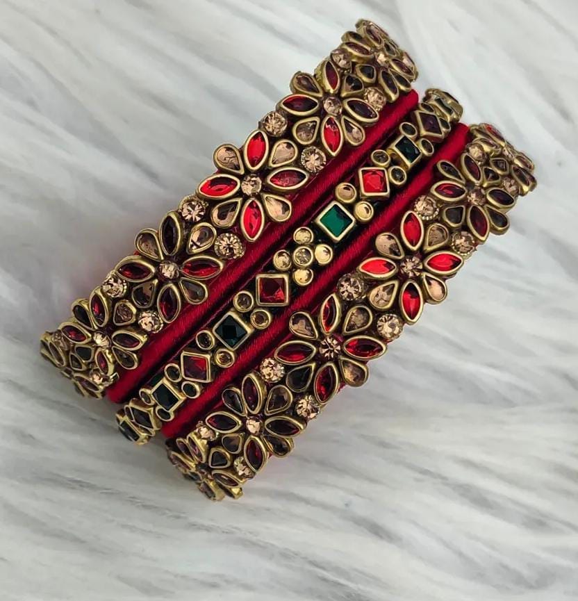 Red and Gold Kundan Bangles Set of 6 - Indian Wedding Bangle Set - Bridal Chura