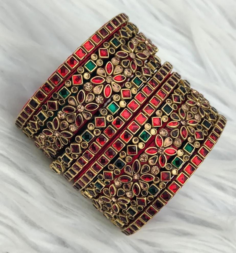 Red and Gold Kundan Bangles Set of 6 - Indian Wedding Bangle Set - Bridal Chura