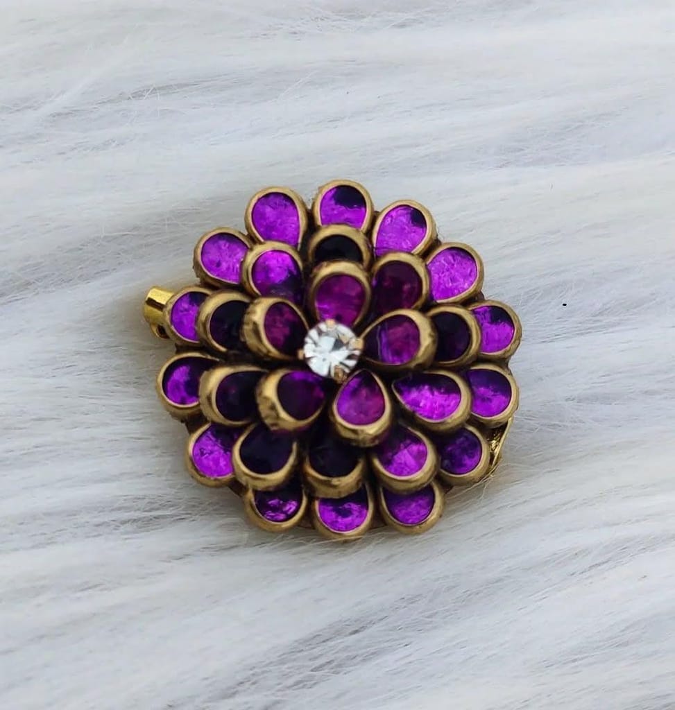 Gold Plated Purple Enameled Flower Brooch with Rhinestone Center