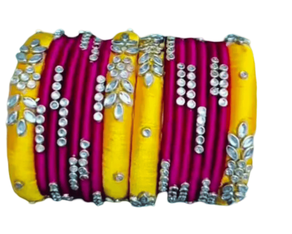 Set of 8 Silk Thread Bangles with Kundan and Pearl Embellishment - Yellow and Pink