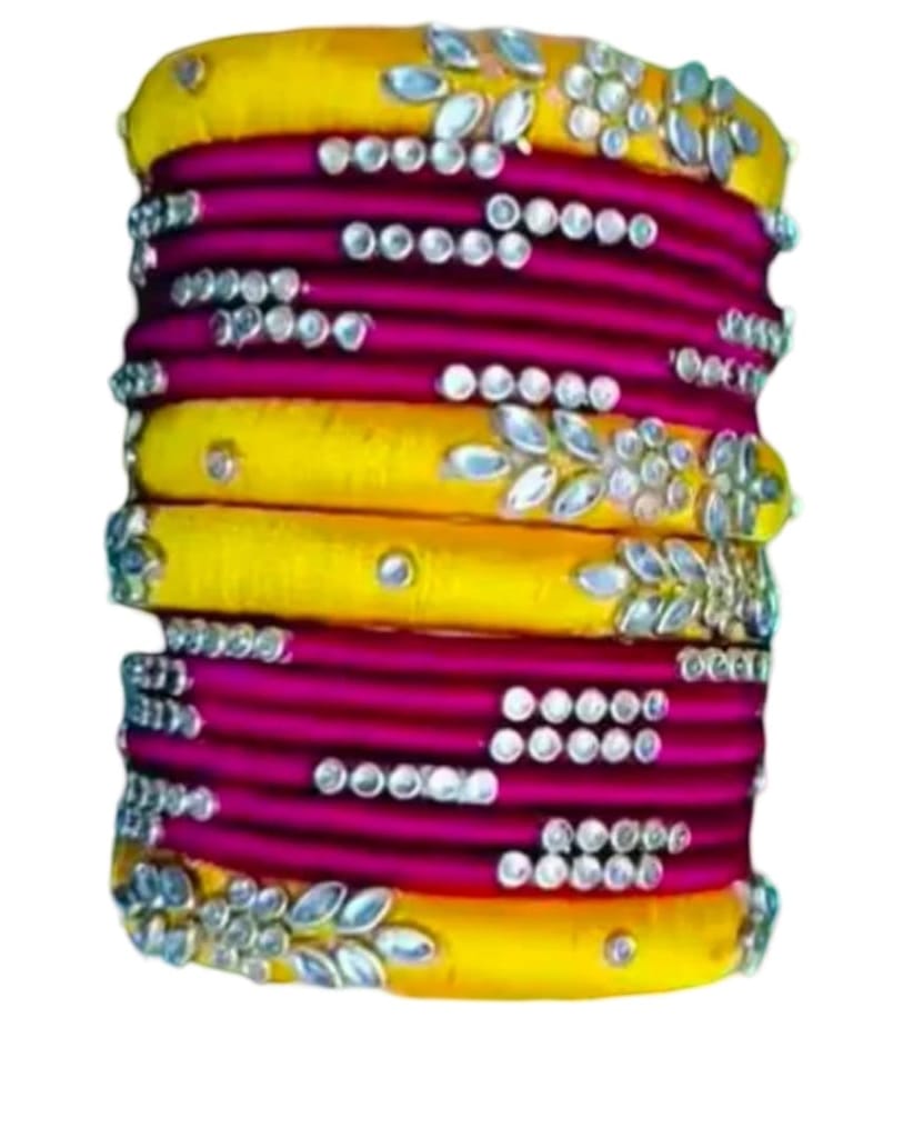Set of 8 Silk Thread Bangles with Kundan and Pearl Embellishment - Yellow and Pink