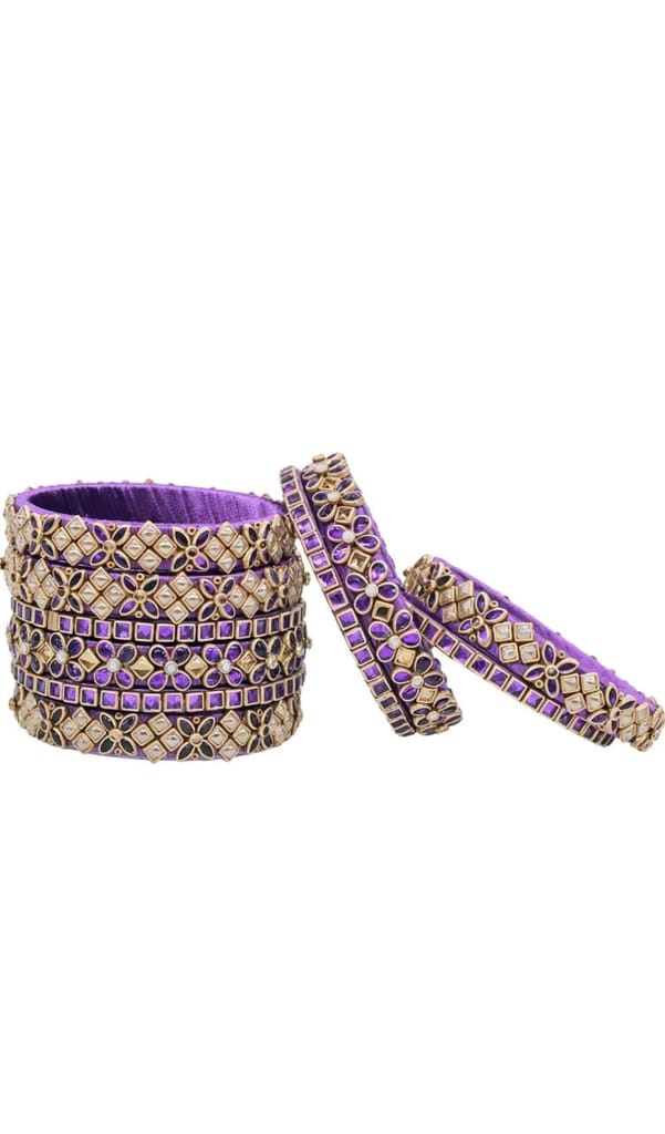 Stunning Purple Bangle Set with Intricate Kundan and Pearl Detailing - Perfect for Traditional Occasions