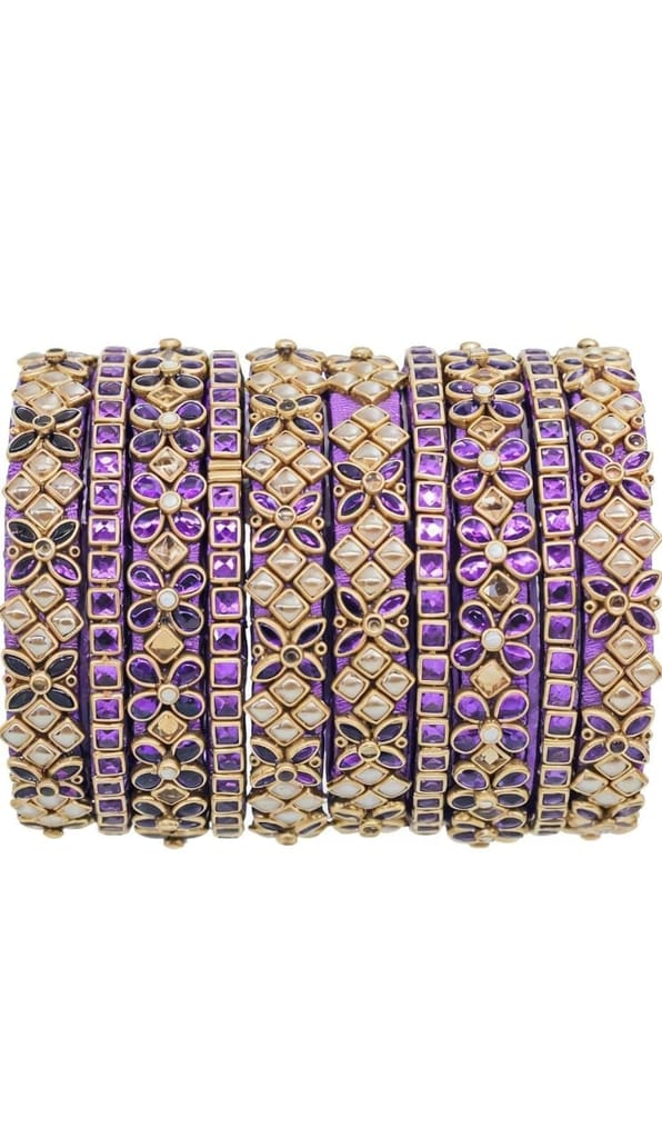 Stunning Purple Bangle Set with Intricate Kundan and Pearl Detailing - Perfect for Traditional Occasions