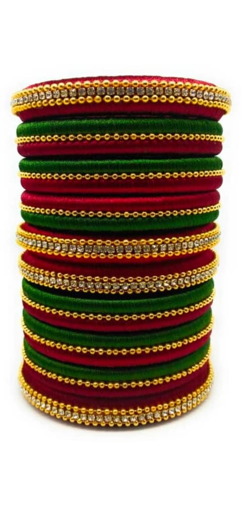 Set of 14 Maroon and Green Silk Thread Bangles with Rhinestone Accents