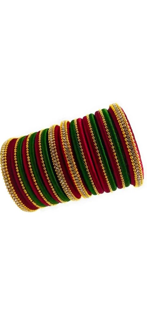 Set of 14 Maroon and Green Silk Thread Bangles with Rhinestone Accents