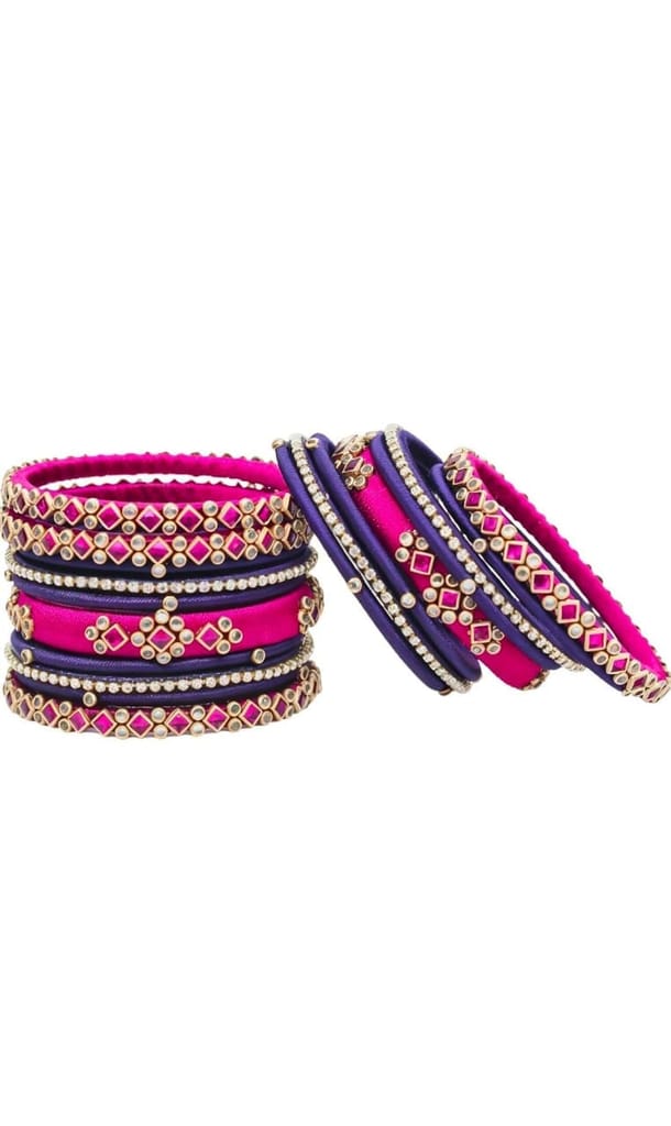 Set of 12 Silk Thread Bangles with Rhinestone Accents**