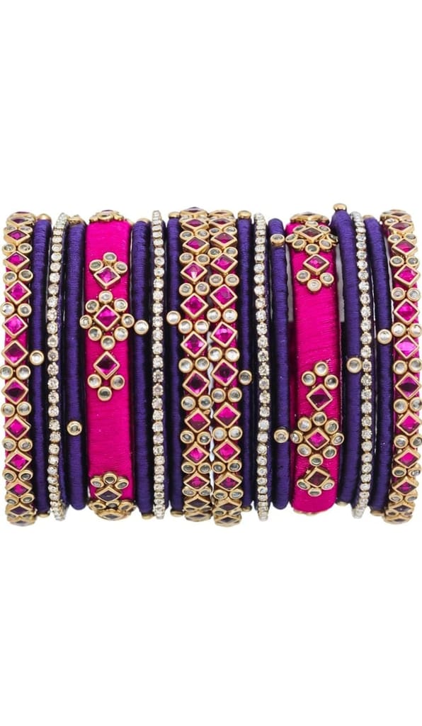Set of 12 Silk Thread Bangles with Rhinestone Accents**