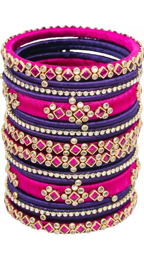 Set of 12 Silk Thread Bangles with Rhinestone Accents**