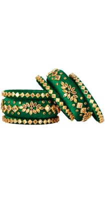 Green Silk Thread Bangle Set with Kundan and Pearl Embellishment