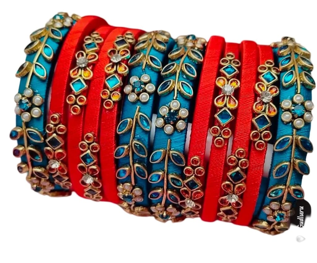 oxidized silver and copper kada bangles with red and blue stones