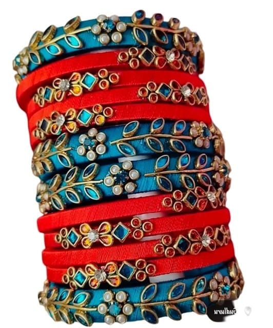 oxidized silver and copper kada bangles with red and blue stones