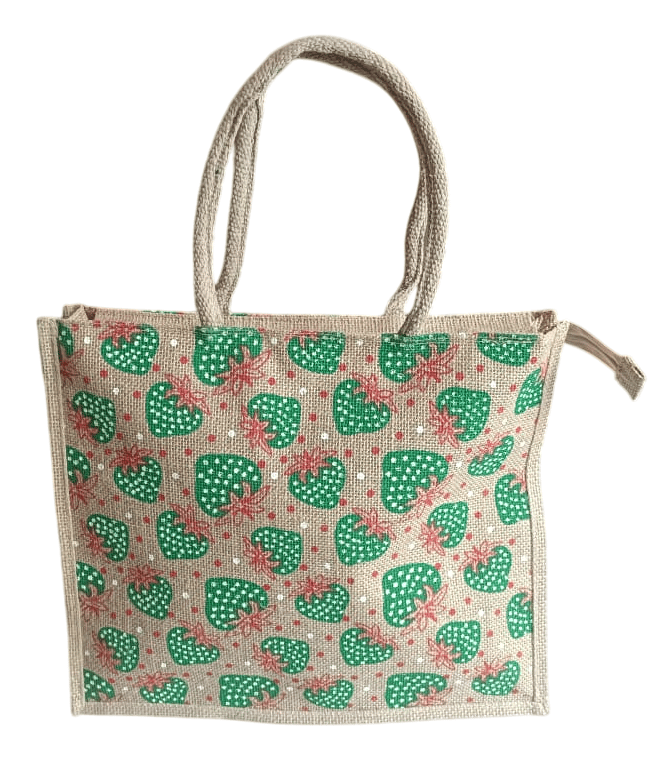 Eco-friendly Strawberry Print Jute Tote Bag with Zipper Closure