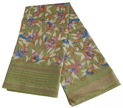 Green Floral Printed Dola Silk Saree With Blouse Green Floral Printed Dola Silk Saree With Blouse