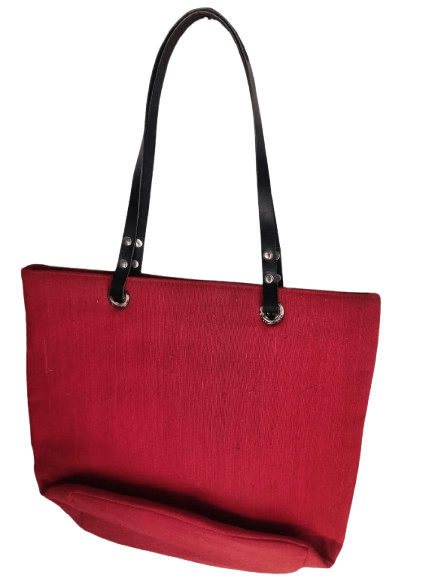 Red Canvas Tote Bag with Black Leather Handles