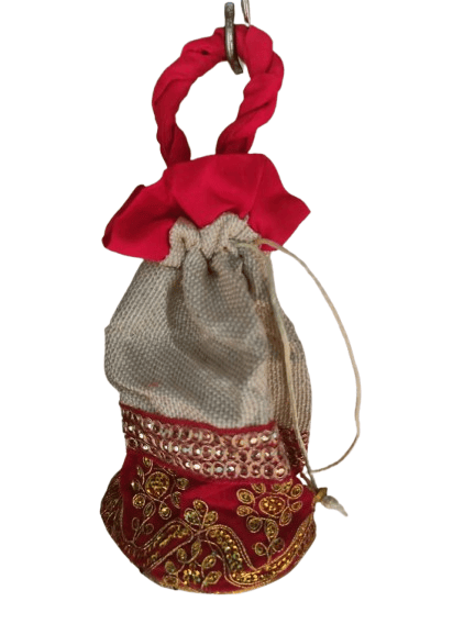 Red and Gold Embroidered Drawstring Jute Bag