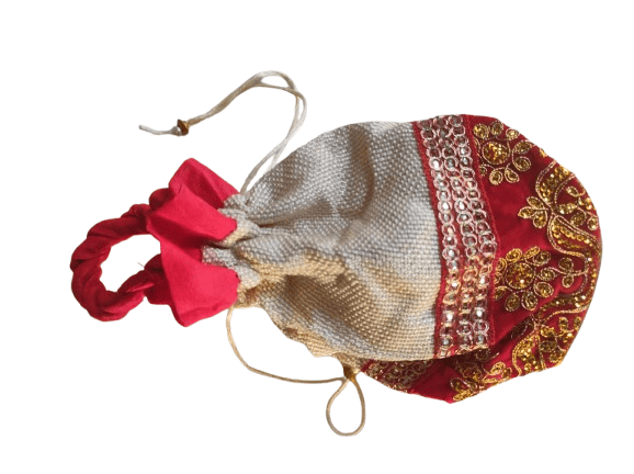Red and Gold Embroidered Drawstring Jute Bag