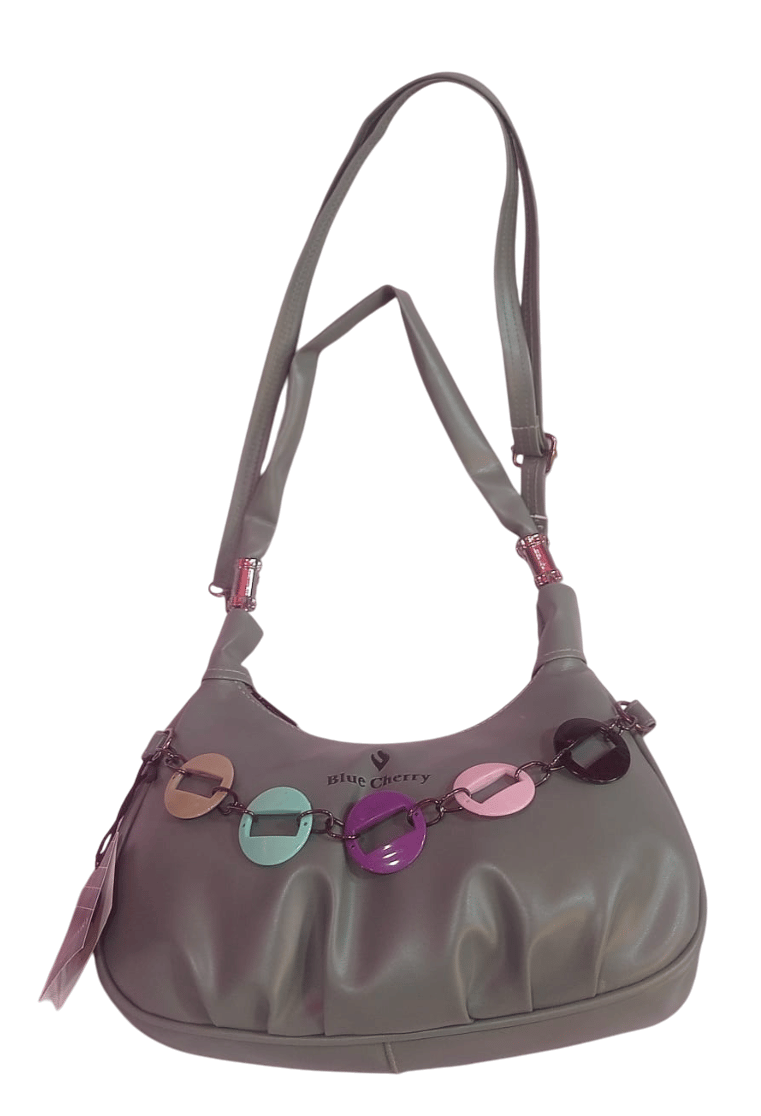 Blue Cherry Women's Handbag - Grey Shoulder Bag with Colorful Circle Accents