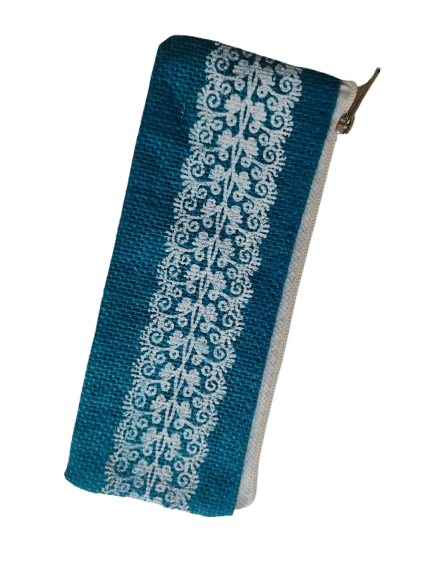 Handcrafted Blue Jute Pencil Pouch with White Floral Embroidery and Zipper Closure