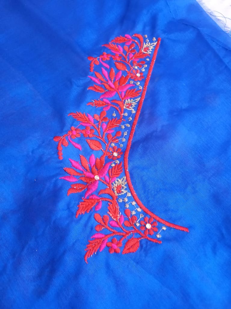 Blue Hand Embroidered Blouse with Floral Motifs
