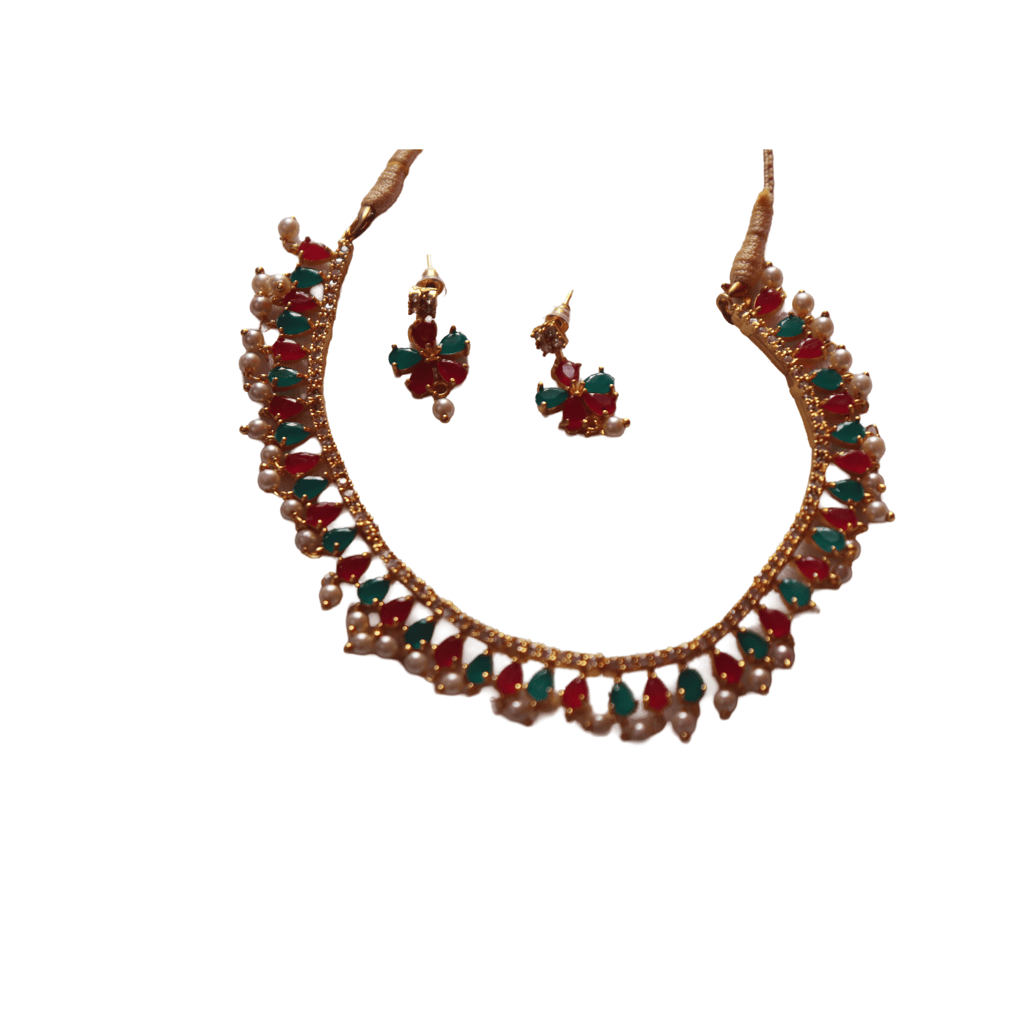 Pearl and gold necklace with red and green stones