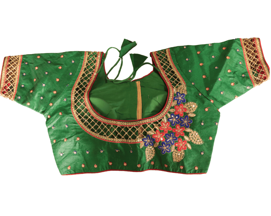 Green Embroidered Cotton Silk Saree Blouse With Zari Border
