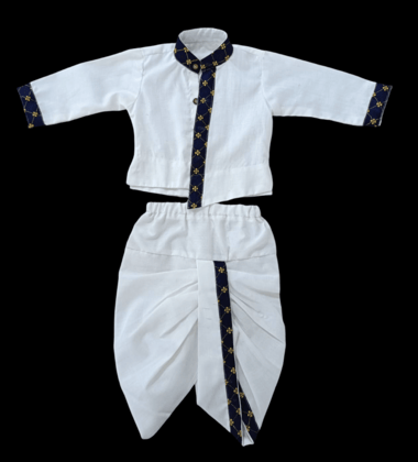 White Cotton Silk Dhoti Kurta Set for Boys with Blue Embroidery White Cotton Silk Dhoti Kurta Set for Boys with Blue Embroidery