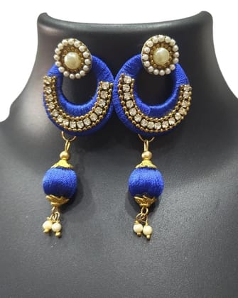 Blue Silk Thread Earrings with Pearl and Rhinestone Accents