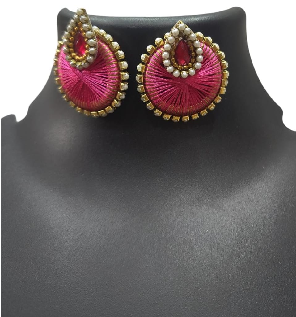 "Stunning Pink Silk Thread Earrings with Pearl and Stone Detailing - Perfect for Traditional Occasions"
