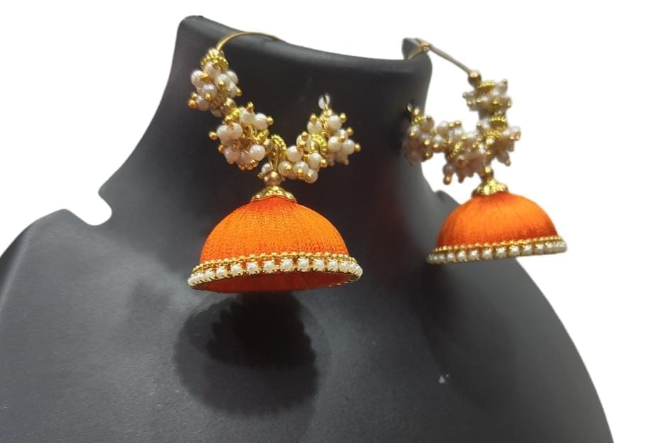 Buy Orange Silk Thread Jhumka Earrings with Pearl Beads Online at Best Price in India