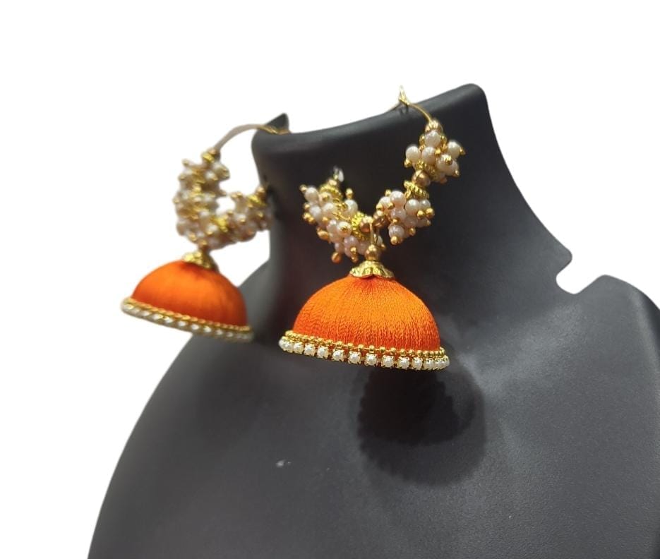 Buy Orange Silk Thread Jhumka Earrings with Pearl Beads Online at Best Price in India