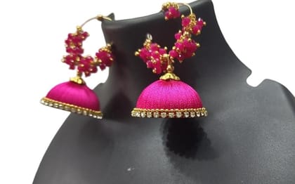 Title: Handmade Silk Thread Jhumka Earrings with Ruby Stones and Gold Beads