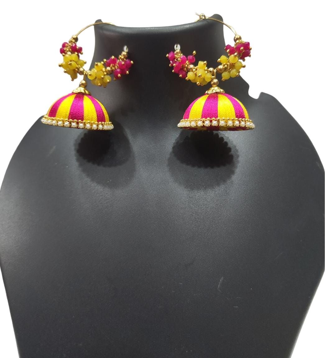 Yellow and Pink Silk Thread Jhumka Earrings with Beads and Pearls