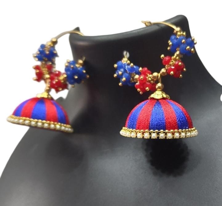 Blue and Red Silk Thread Jhumka Earrings with Pearl and Stone Detailing