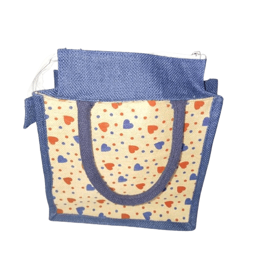 Small Blue Jute  Bag with Red Heart Print