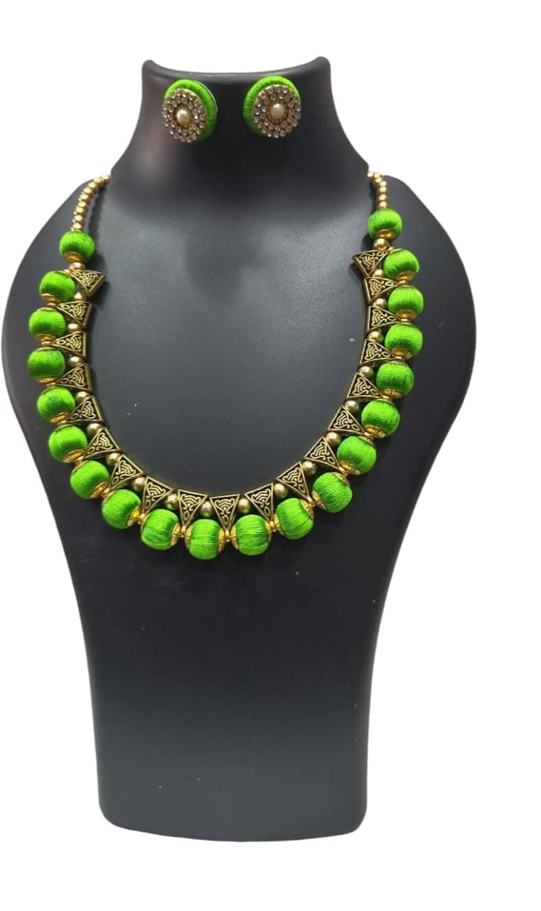 Green Silk Thread Necklace Set with Earrings for Women