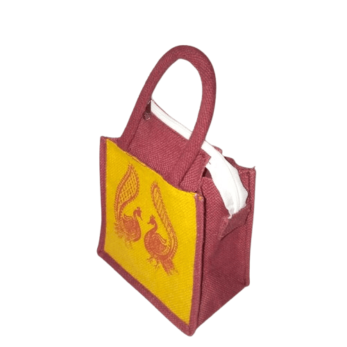 Peacock Print Jute Bag with Zipper Closure