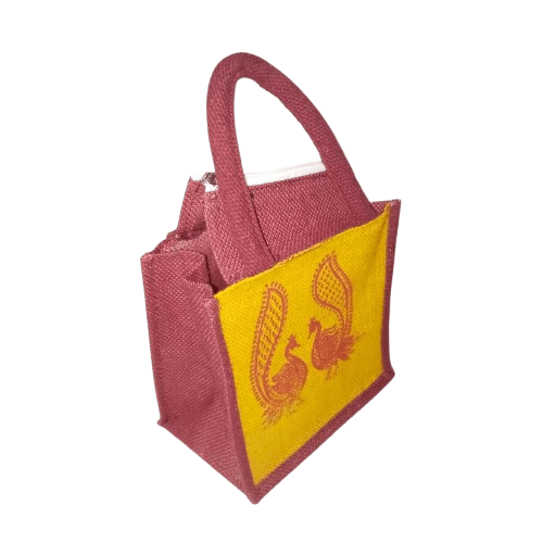 Peacock Print Jute Bag with Zipper Closure