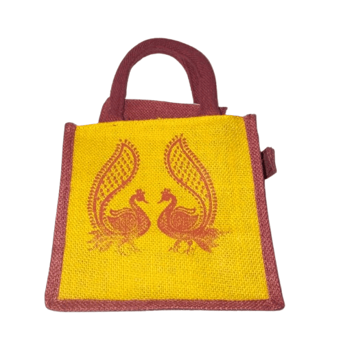 Peacock Print Jute Bag with Zipper Closure