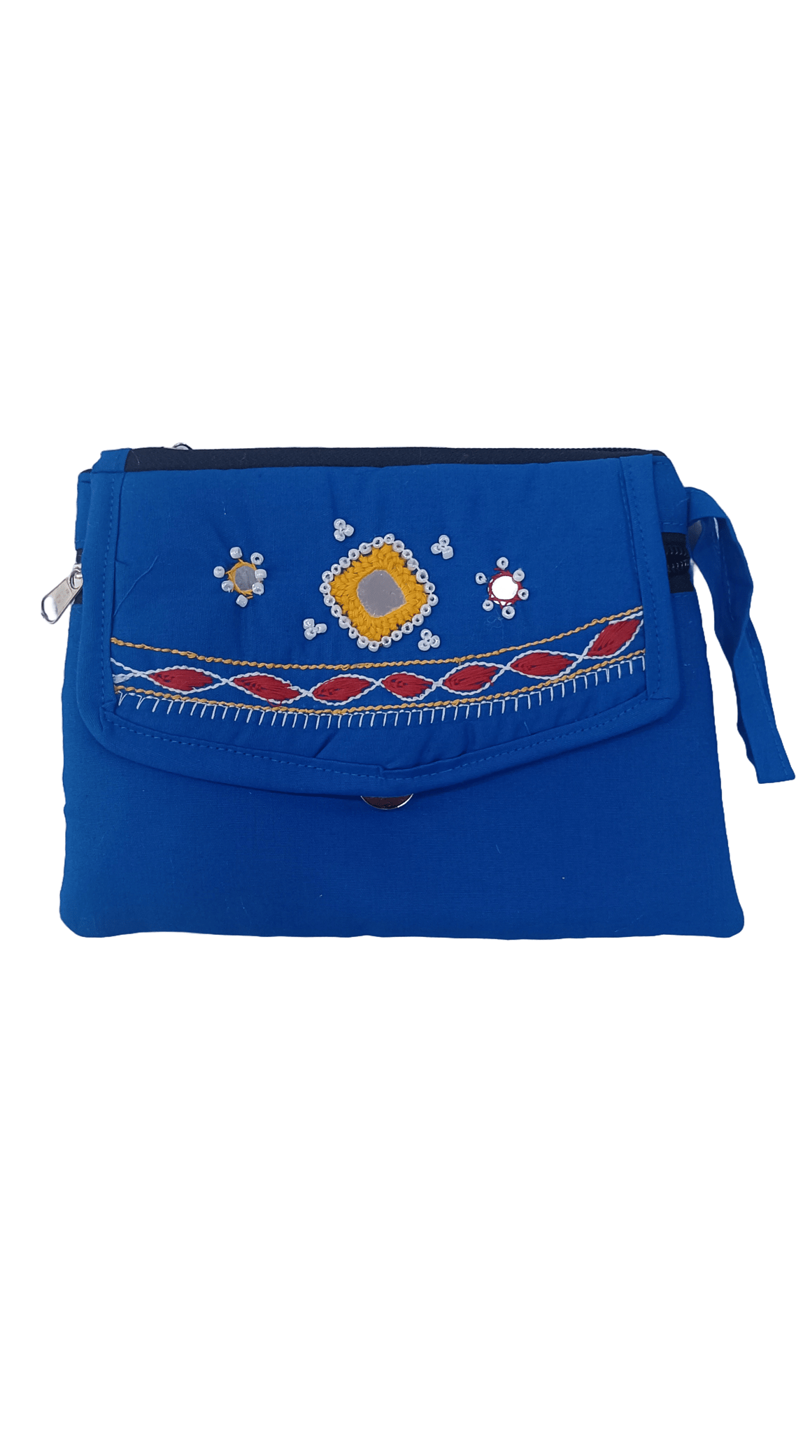 Blue Hand Embroidered Clutch Purse with Mirror and Bead Detailing