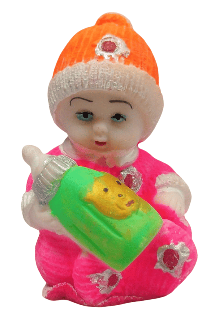 Cute Baby Doll in Pink Romper with Orange Cap Holding a Milk Bottle