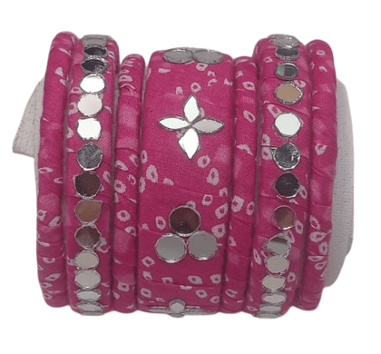 oxidised silver mirror work pink lac bangles