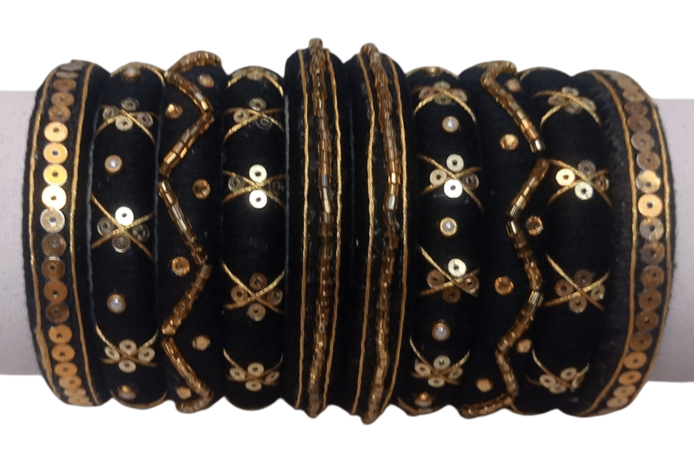 Black Bangle Set with Golden Embroidery and Pearl Accents