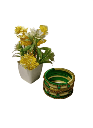 Green and Cream Silk Thread Bangles with Stone Detailing